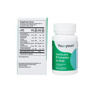 You+Yours Tasteless B Complex for Kids supplement bottle with label on a white background