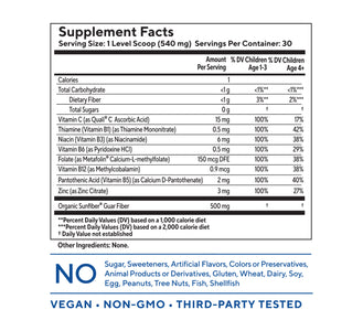 Tasteless Multivitamin for Kids supplement facts panel on white background. 