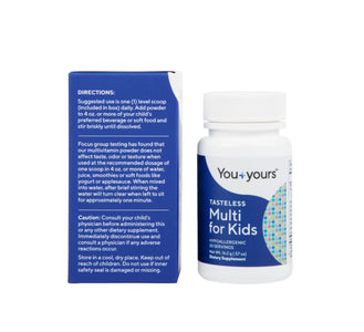 Tasteless Multivitamin for Kids bottle and box with directions showing on white background. 