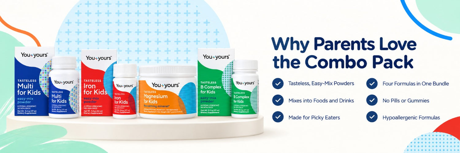 Why parents love the Combo Pack: tasteless, easy-mix powders, mixes into foods and drinks, made for picky eaters, four formulas in one bundle, no pills or gummies, hypoallergenic