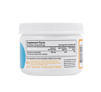 Tasteless Magnesium for Kids product packaging, showing supplement facts panel. 