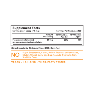 Tasteless Magnesium for Kids supplement facts information. 