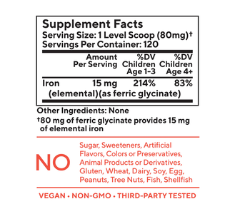 Supplement facts panel for Tasteless Iron for Kids. 