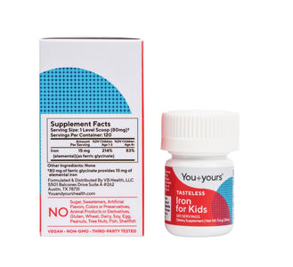Packaging and container for 'Tasteless Iron Powder for Kids' by You+Yours. Image shows front of bottle and supplement facts panel on product box. 