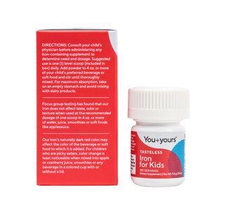 Packaging and container for 'Tasteless Iron Powder for Kids' by You+Yours. Image shows front of bottle and side panel of product box. 
